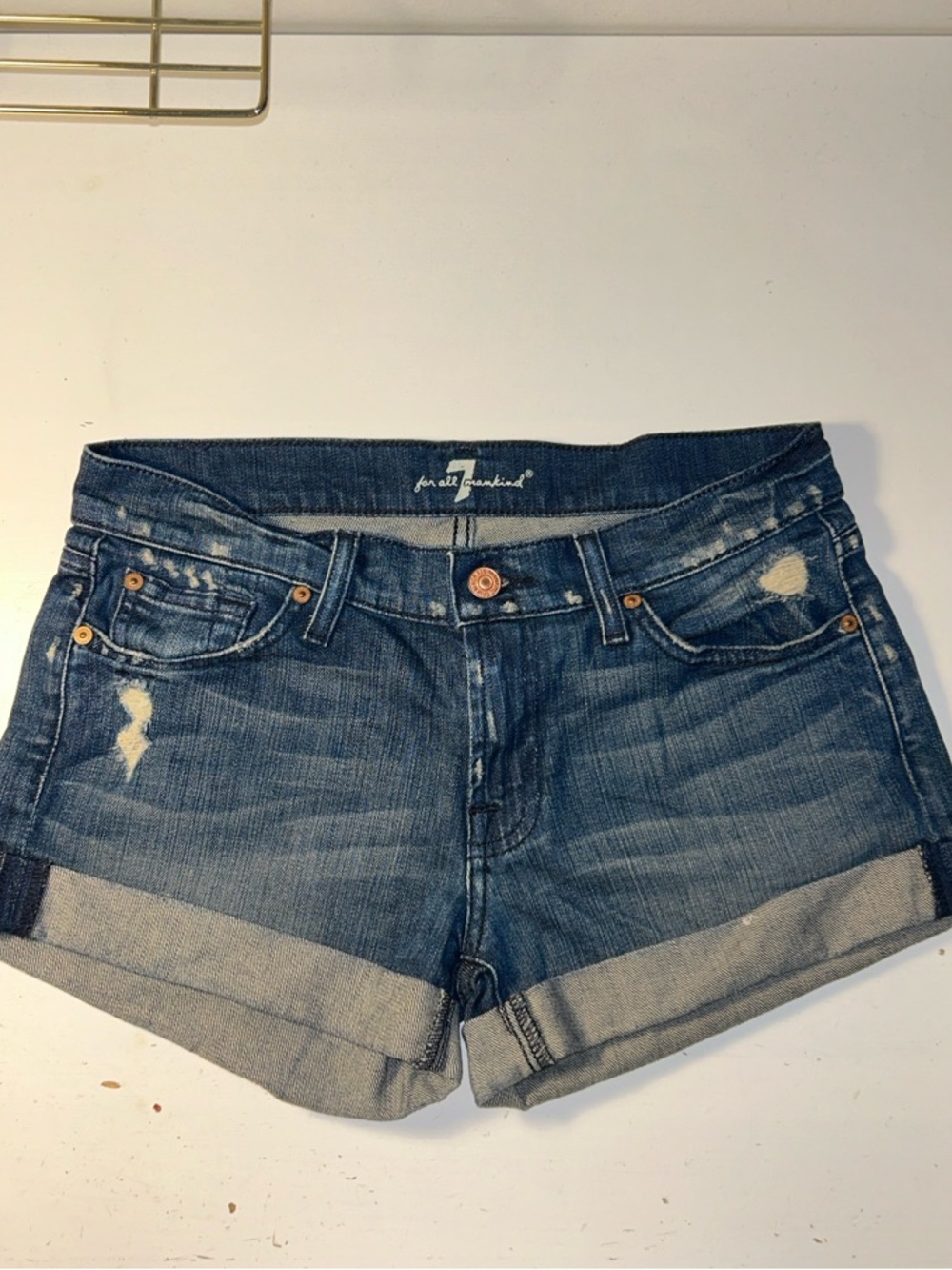 7 For All Mankind Blue Distressed Cuffed Denim Shorts